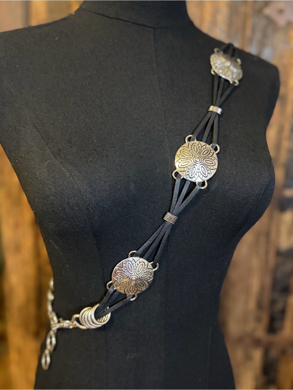 Black Multi Strand Concho Belt Silver Tone Floral Medallion Boho Western 41”